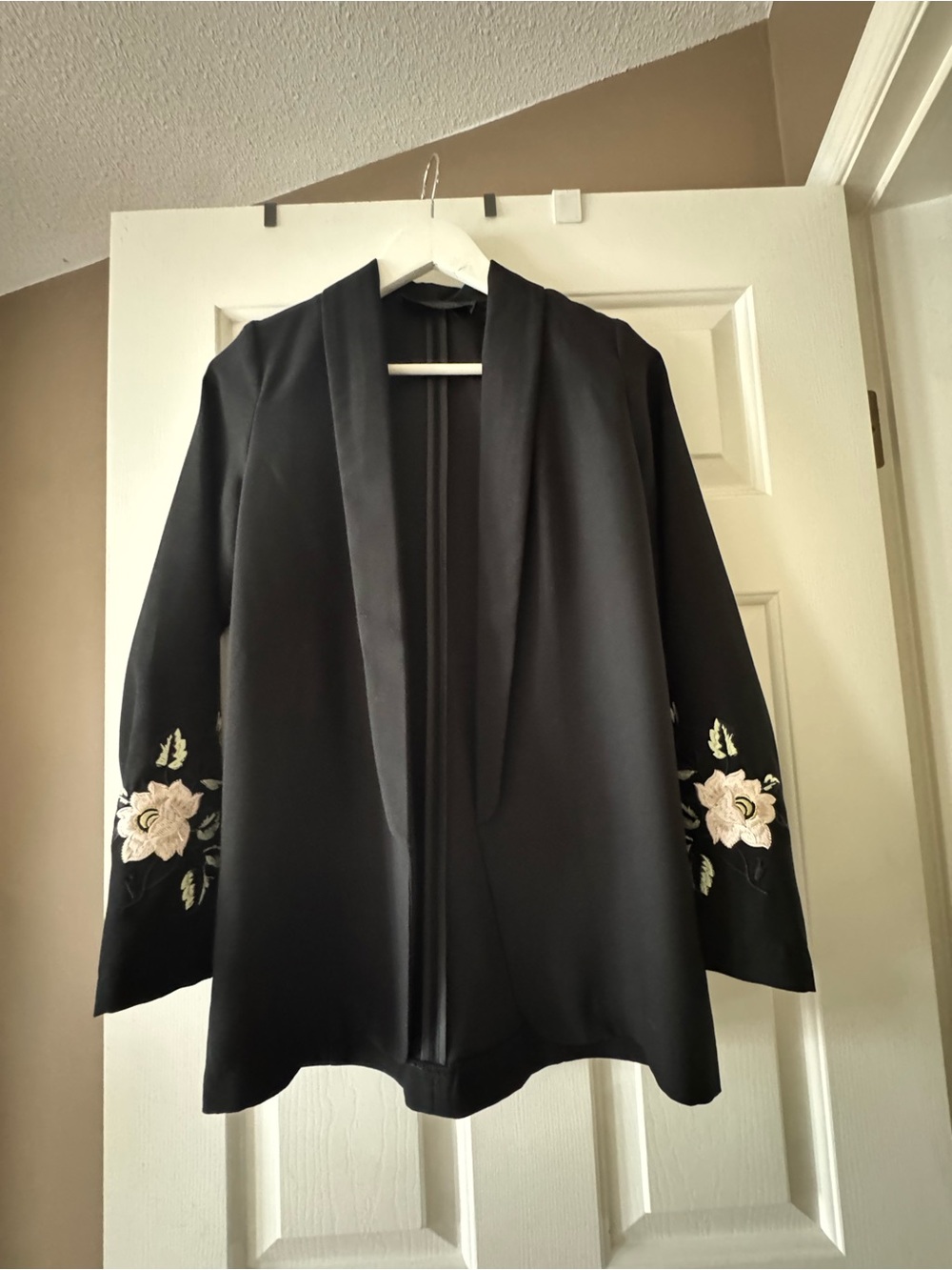 Black Open-Front Blazer with Floral Sleeve Embroidery
